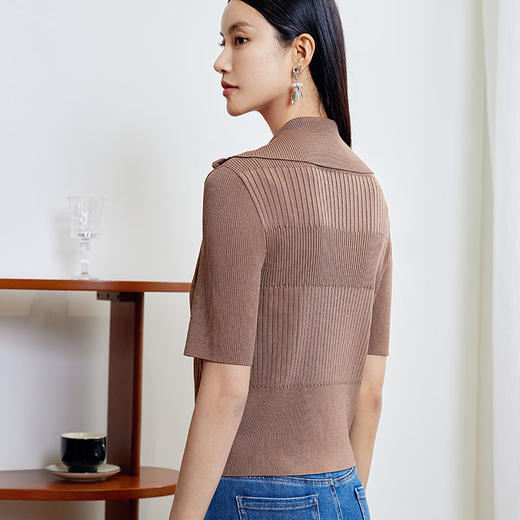 玳莎大翻领设计感针织开衫女2024春季新款斜门襟拉链衫短袖上衣  EA33201 商品图3