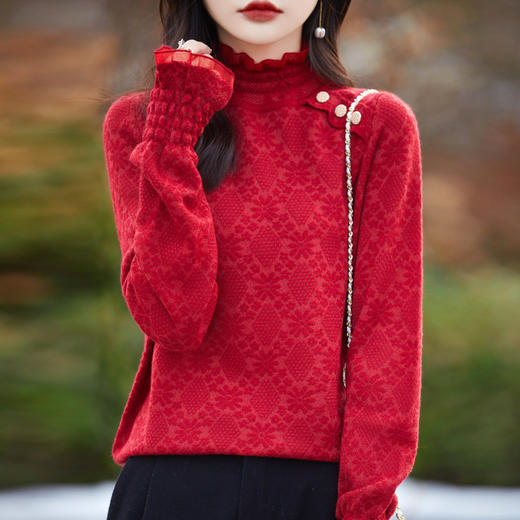 春秋新款，半高领百搭气质时尚蕾丝针织衫女显瘦减龄羊毛内搭打底衫QH-BS1 商品图3