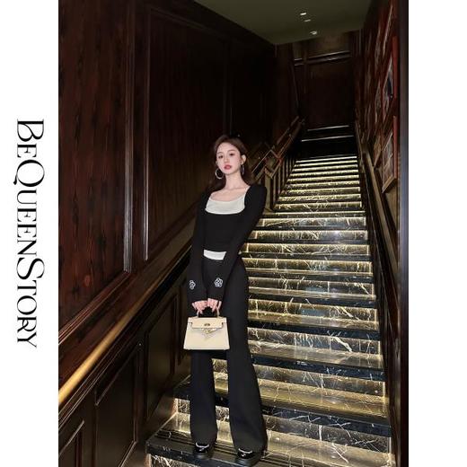 余潇潇【娇欲芭比】精致烫钻时尚百搭撞色拼接收腰假两件上衣 商品图2