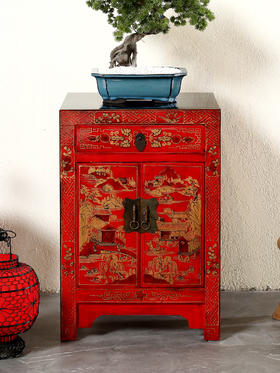 现代新中式仿古典实木彩绘彩漆床头柜手绘做旧复古卧室储物装饰柜