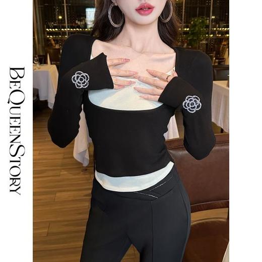 余潇潇【娇欲芭比】精致烫钻时尚百搭撞色拼接收腰假两件上衣 商品图4