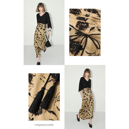 【有赞】COCOBELLA国风流苏飘带高腰捏褶印花半身裙开叉直筒裙HS0019 商品图2