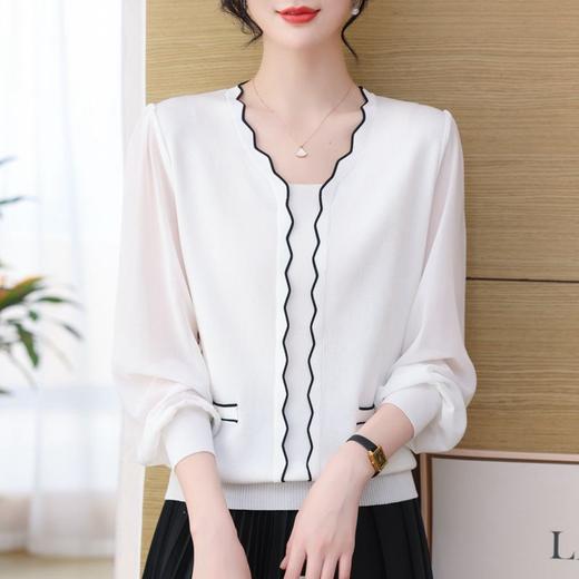 春季新款，温柔气质V领针织上衣女薄款拼接打底衫长袖雪纺衫CC-28-1105 商品图1