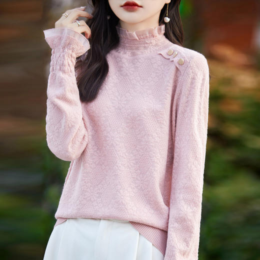 春秋新款，半高领百搭气质时尚蕾丝针织衫女显瘦减龄羊毛内搭打底衫QH-BS1 商品图1