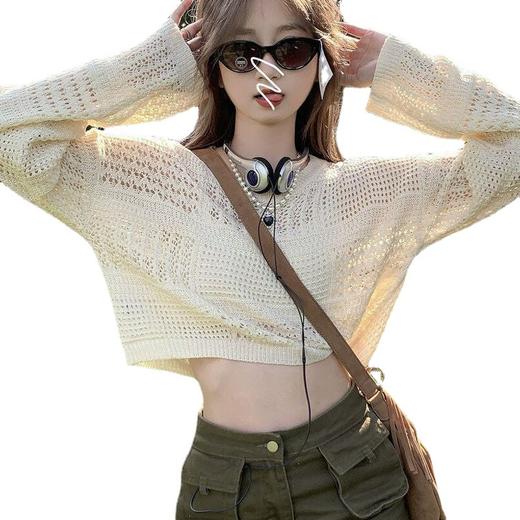 夏季【短款镂空防晒针织衫女 夏天外搭】宽松设计感 小众长袖甜辣上衣 商品图3