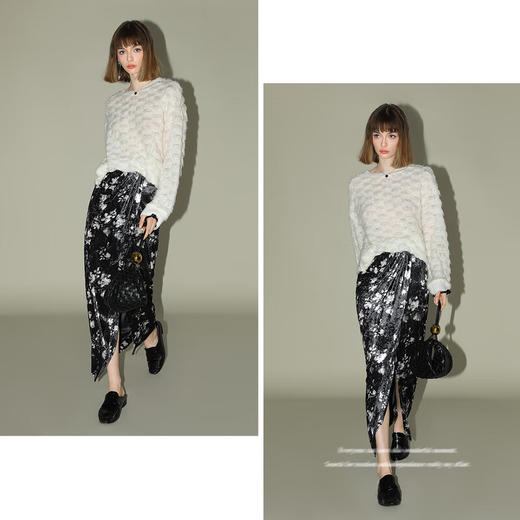 COCOBELLA新中式丝绒碎花半身裙女秋围裹式开叉直筒裙HS7002 商品图3