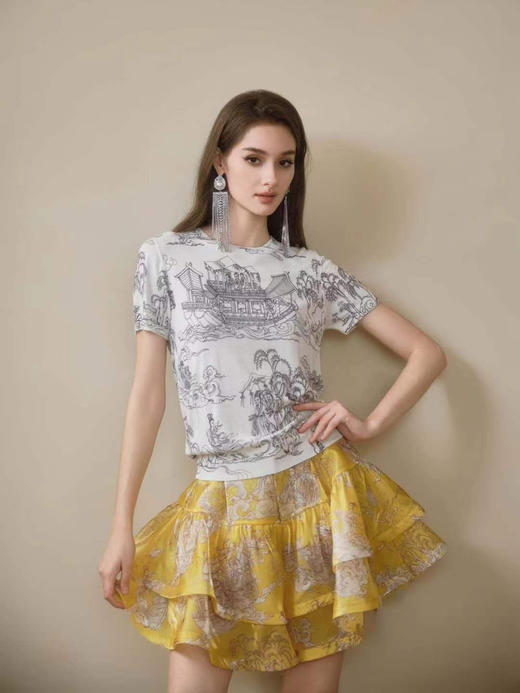 白色洛神赋手绘印花短袖羊毛针织衣 商品图1