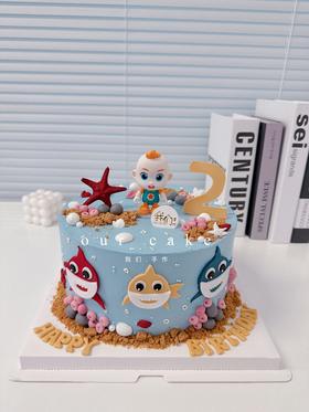 鲨鱼宝宝与jojo卡通可爱蛋糕(备注需要改的数字)-低糖处理无添加