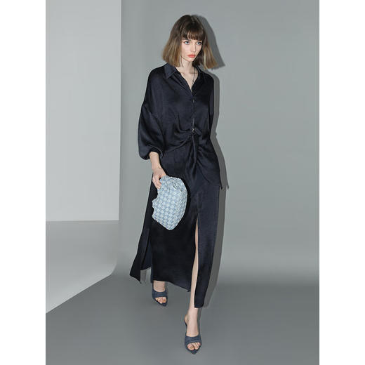 COCOBELLA暗纹肌理光泽感缎面通勤连衣裙假两件衬衫裙FR3009 商品图3