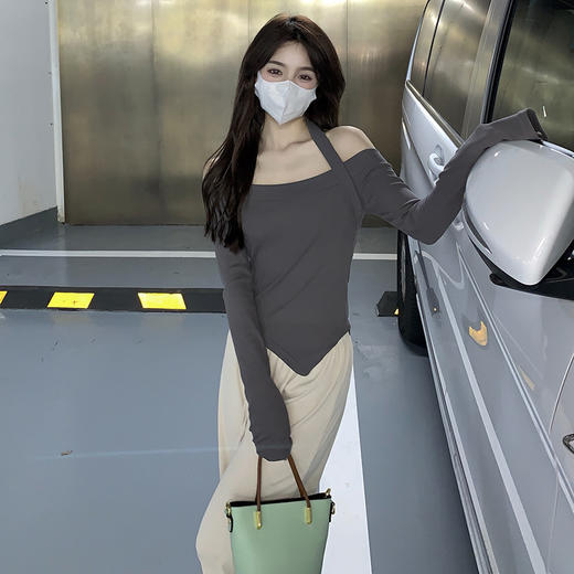 【性感纯欲修身百搭！辣妹一字肩长袖T恤】春季小众短款修身t恤 ，罗纹一字肩长袖T恤上衣 商品图1