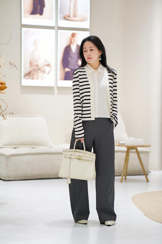 【四季条纹开衫】臣禾 16针 羊毛60/2支 V领短款针织衫9241090356【金猪甄选】 商品图5