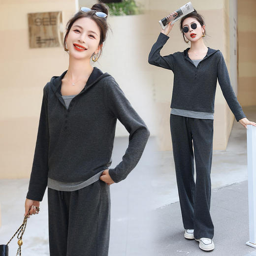 春装新款，软糯休闲连帽拼接假两件套衫+直筒裤两件套HR-SSFB2852 商品图0