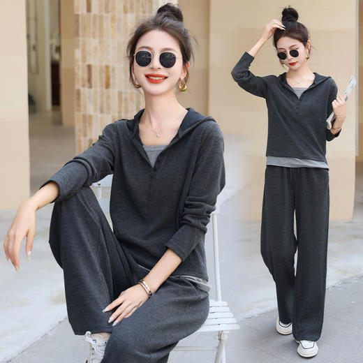 春装新款，软糯休闲连帽拼接假两件套衫+直筒裤两件套HR-SSFB2852 商品图1