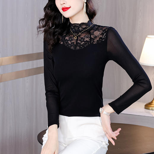 MZ-14711洋气蕾丝网纱薄款打底衫女春季修身内搭长袖黑色T恤上衣 商品图0