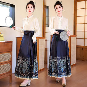 HR-YQ9672时尚潮流新中式印花盘扣马面裙两件套