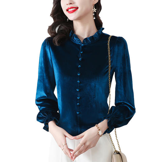 雀说 金丝绒喇叭袖打底衫女秋冬木耳领灯笼袖时尚洋气上衣4ZF-021528 商品图4