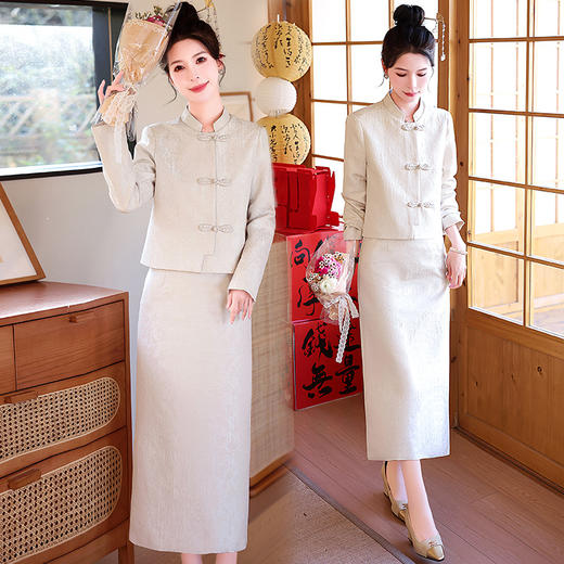 气质时尚，新中式提花面料盘扣半身裙两件套HR-YQ9673 商品图7