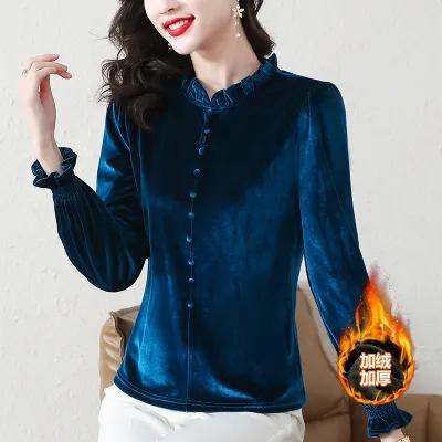 雀说 金丝绒喇叭袖打底衫女秋冬木耳领灯笼袖时尚洋气上衣4ZF-021528 商品图8