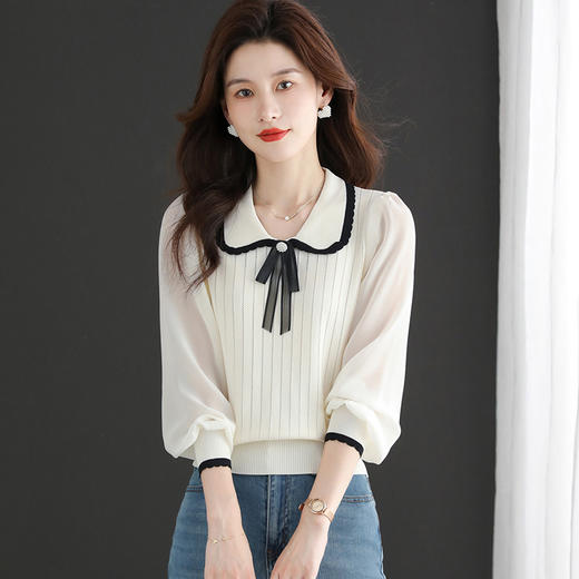 蝴蝶结polo领针织衫，女春秋季内搭打底衫设计感翻领长袖T恤上衣CC-ML-0621 商品图0