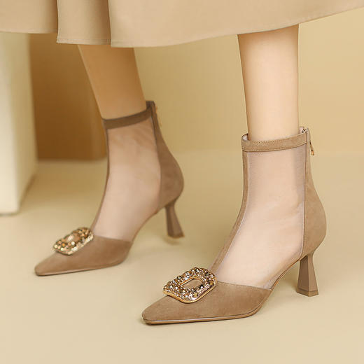 【预售5天】磨砂皮网靴，高跟时尚细跟方头珍珠扣夏季短靴PLGZ&A123-3 商品图5