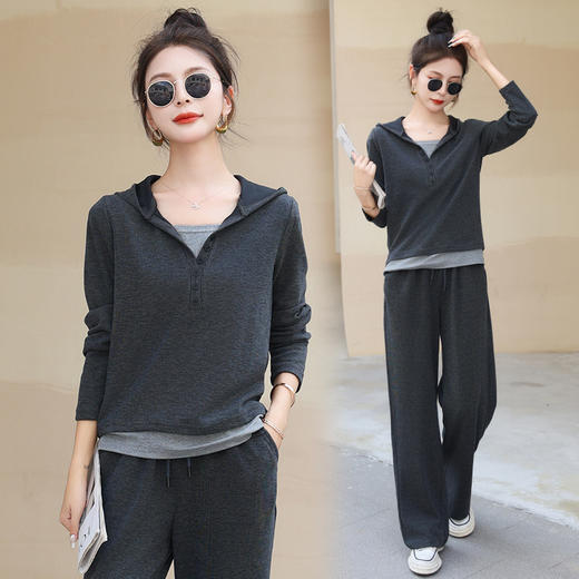 春装新款，软糯休闲连帽拼接假两件套衫+直筒裤两件套HR-SSFB2852 商品图3