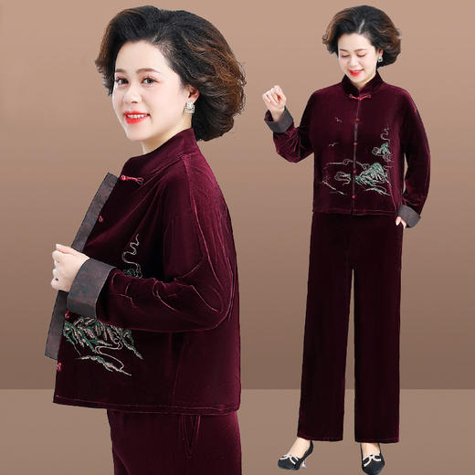 ALY-1138春装金丝绒套装洋气2024新款中老年女春秋中式国风上衣两件套 商品图0