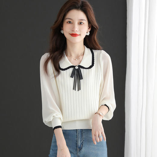 蝴蝶结polo领针织衫，女春秋季内搭打底衫设计感翻领长袖T恤上衣CC-ML-0621 商品图3