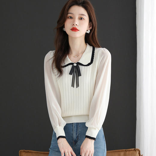 蝴蝶结polo领针织衫，女春秋季内搭打底衫设计感翻领长袖T恤上衣CC-ML-0621 商品图1