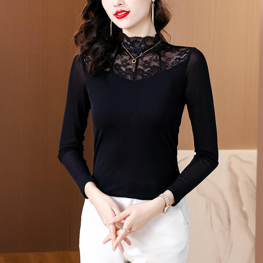 MZ-14711洋气蕾丝网纱薄款打底衫女春季修身内搭长袖黑色T恤上衣 商品图1