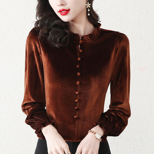 雀说 金丝绒喇叭袖打底衫女秋冬木耳领灯笼袖时尚洋气上衣4ZF-021528 商品图3