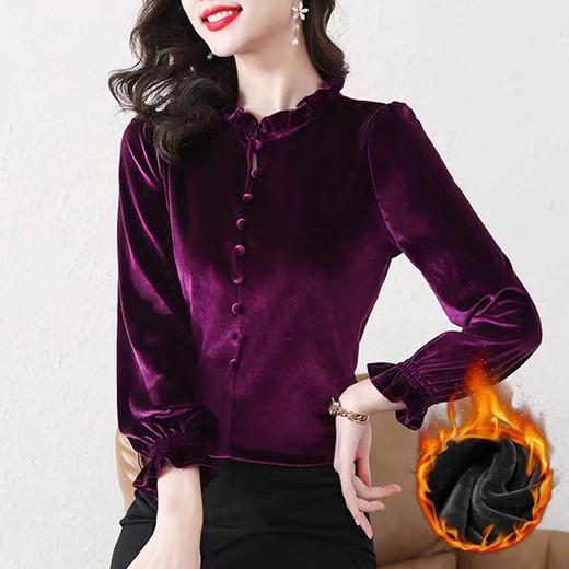 雀说 金丝绒喇叭袖打底衫女秋冬木耳领灯笼袖时尚洋气上衣4ZF-021528 商品图0