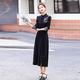HR-WY25079气质时尚复古新中式风修身显瘦刺绣两件套裙