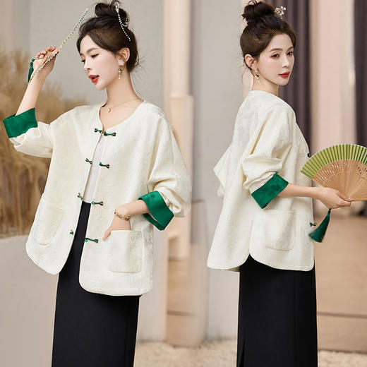 春季新中式，盘扣撞色提花宽松时尚款新款套装HR-DJ5801 商品图0