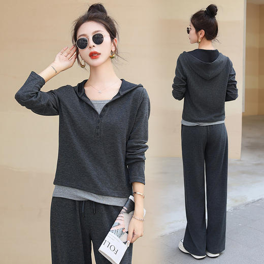 春装新款，软糯休闲连帽拼接假两件套衫+直筒裤两件套HR-SSFB2852 商品图4
