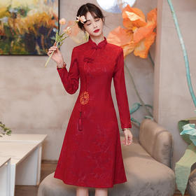 AHM-9090旗袍新娘酒红色敬酒服秋新款高级感中式长袖立领连衣裙