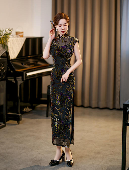 复古旗袍2024春夏新款丝绒长款修身显瘦红色宴会旗袍YM-4163 商品图2