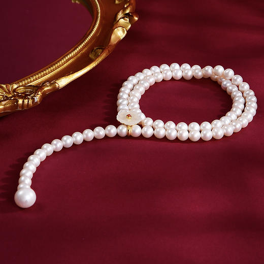 ysxb-01001【云赏珠宝】高端系列-新中式臻品精选7mm天然淡水珍珠和田玉桃花项链（链长55cm） 商品图0