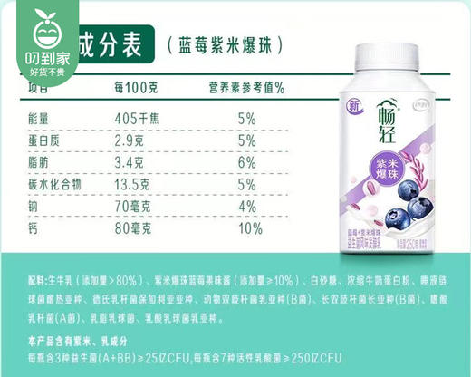 【到手2瓶】伊利畅轻益生菌（蓝莓紫米爆珠）风味发酵乳/1份（250g*2瓶） 商品图2