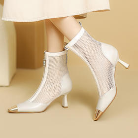 【预售5天】镂空凉靴，夏季短靴金属头真皮新款网靴高跟方头潮女靴子PLGZ-A123-2