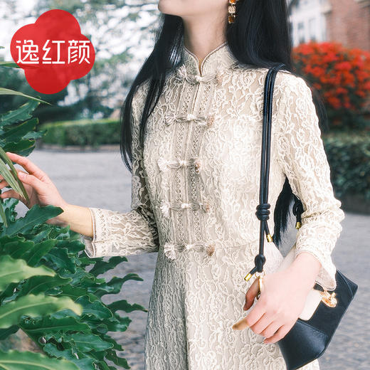 上海逸红颜桐雨2025春新收腰散摆立体绒蕾丝海派中国风文艺连衣裙 商品图3
