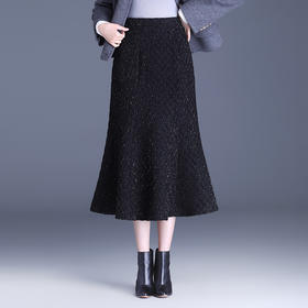 ALBB-加绒小香风鱼尾裙2023年秋冬季新款亮丝格纹中长款厚款半身裙