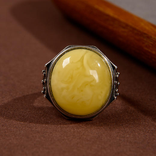 KP005【云赏珠宝】天然蜜蜡花蜡大蛋面925纯银戒指 商品图1