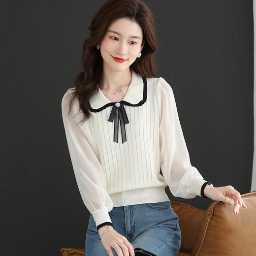 蝴蝶结polo领针织衫，女春秋季内搭打底衫设计感翻领长袖T恤上衣CC-ML-0621 商品图2