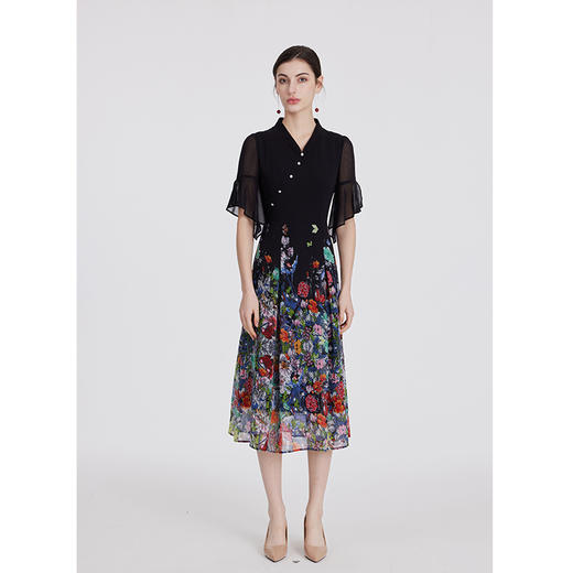 司歌印花雪纺连衣裙中式优雅中袖A891194X 商品图3