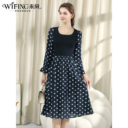 未风黑色针织棉布连衣裙女春2024春季新款女装气质显瘦假两件裙子 商品图2