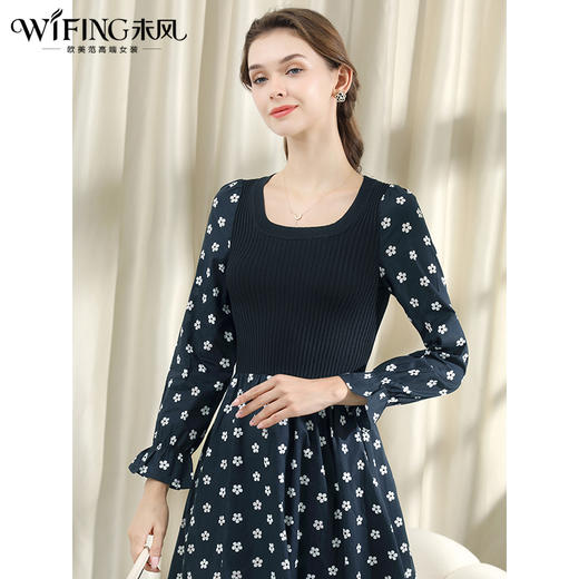 未风黑色针织棉布连衣裙女春2024春季新款女装气质显瘦假两件裙子 商品图1