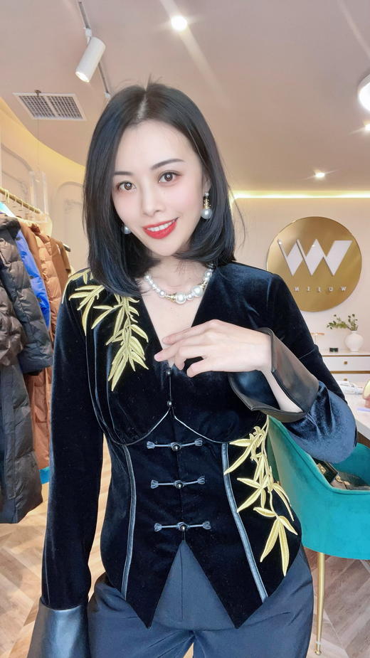 【雾境定制】黑金锦竹高级感新中式拼皮刺绣上衣外套  3203095 商品图9