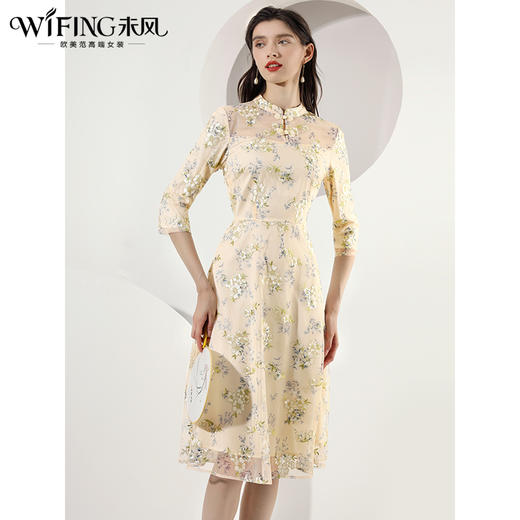 未风网纱刺绣改良旗袍领连衣裙女春2024春季新款女装国风长款裙子 商品图1