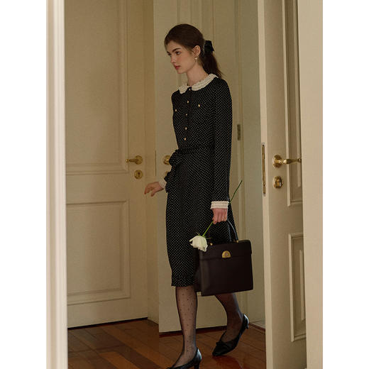 SimpleRetro复古音符 蕾丝花边领波点连衣裙女长袖显瘦气质小黑裙 商品图1