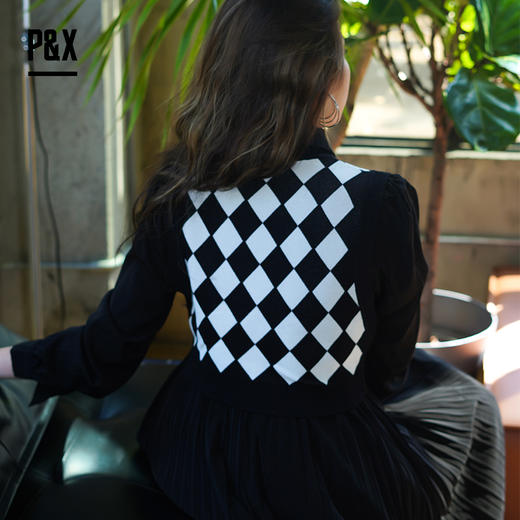 PX女装春季新款  学院风两件套装短裙菱格 824114814 黑色 商品图2